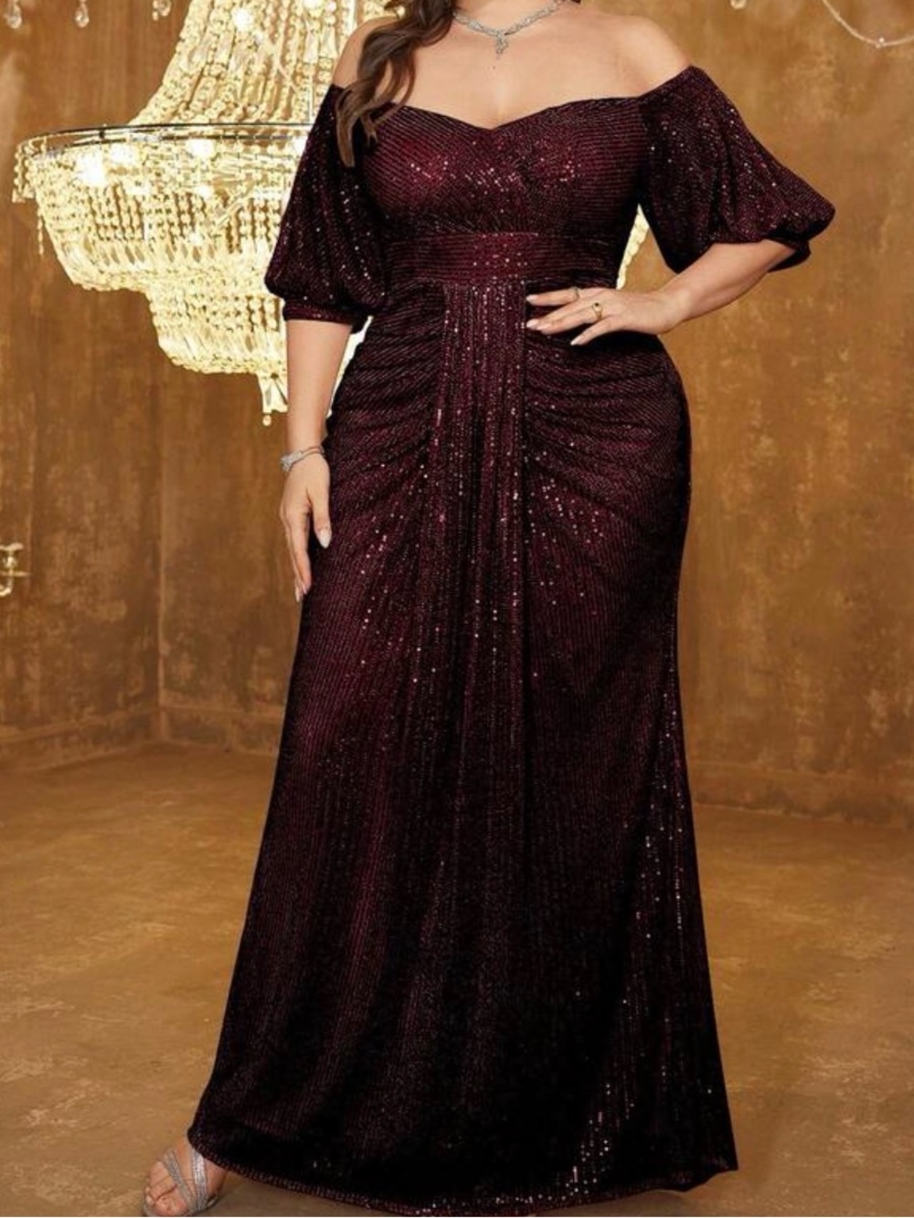 Off-Shoulder Burgundy Sequin Evening Gown